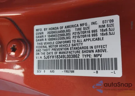 2009 Honda Element Lx from USA, damaged, VIN 5J6YH18349L003862